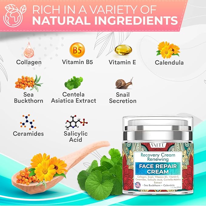 VAITE Face Moisturizer Remedy Skin Repair Cream with Snail, Salicylic Acid, Vitamin B5, Vitamin E, Collagen, and Ceramides for Men and Women Anti-aging Anti-wrinkle Made in USA Night and Day-FemmiqueWomen