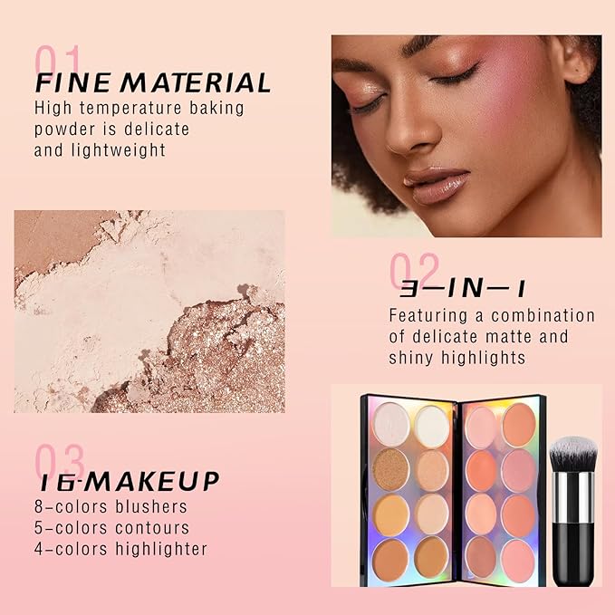 16 Colors Blush Contour Highlighter Makeup Palette, All-in-One Shimmer Silky Matte Mineral Blush Powder Palette, Face Sculpting Bronzer Blusher Illuminator Palette for a Natural Glowing-FemmiqueWomen