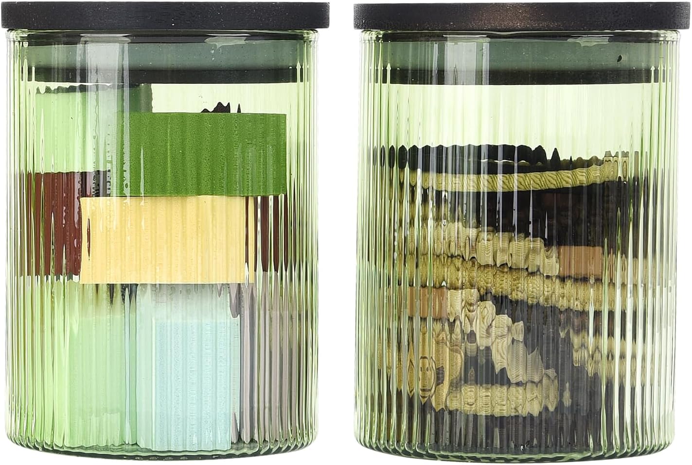 2 Pack Ribbed Glass Qtip Holder Dispenser Set - Apothecary Jars with Lids - Bathroom Canister Storage Organizer and Vanity Makeup Organizer for Cotton Ball,Swab,Round Pads,Floss-FemmiqueWomen