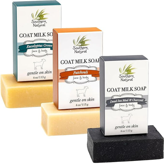 Southern Natural Goat Milk Soap Bar (Variety 3 Pack) Dead Sea Mud & Charcoal, Patchouli, Eucalyptus Grove - For Dry Sensitive Skin. Great For Face and Body.(Each Bar 4-4.5 oz)-FemmiqueWomen
