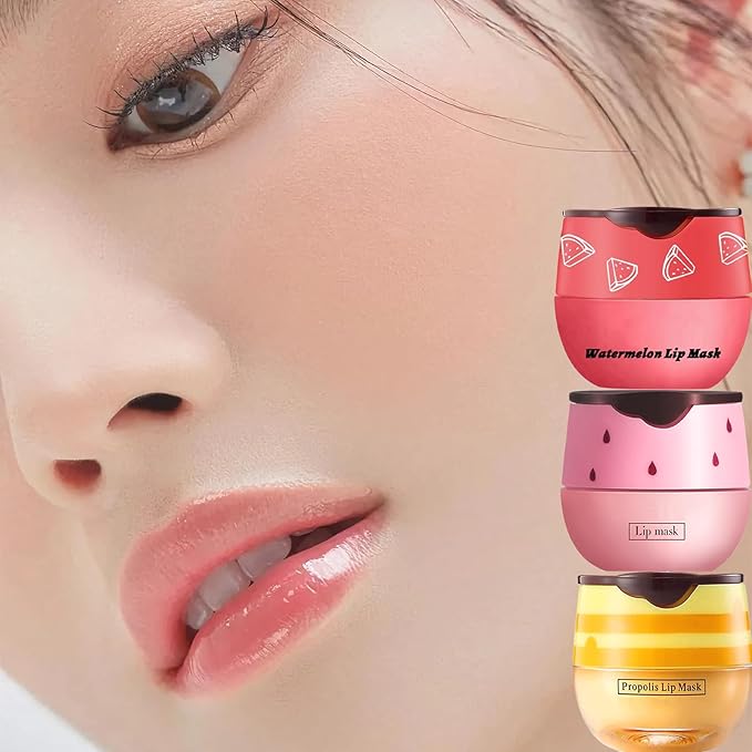 3 PCS Bee Lip Balm Lip Mask Honey Pot, Honey & Strawberry & Watermelon Lip Mask Overnight Propolis Moisturizing Lip Balm with Stick, Hydrating Repair Lip Sleeping Mask,Prevention Dry & Cracked-FemmiqueWomen