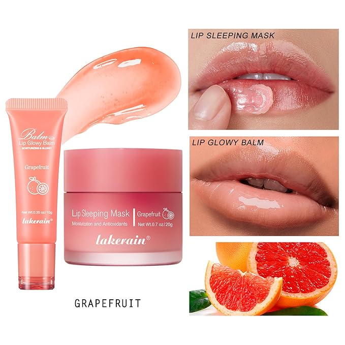 2Pcs Lip Glowy Balm and Lip Sleeping Mask Set, with 4 Flavor Options - Reduce Lip Lines, Enhance Lip Color, Hydrate & Plump Dry Chapped Lips Care (Grapefruit)-FemmiqueWomen