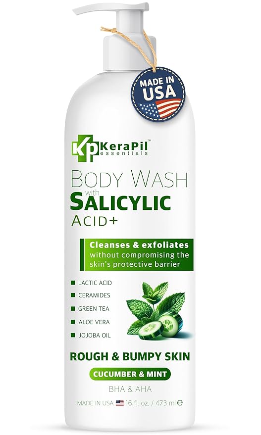 Exfoliating Body Wash with Salicylic Acid - No Dry Out, Gentle Exfoliates Rough and Bumpy Skin, Body Acne Wash, BHA & AHA - Cucumber and Mint Salicylic Acid Body Wash - (16 fl oz)-FemmiqueWomen