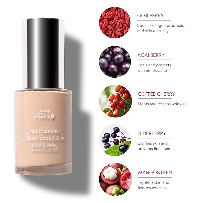 100% PURE Healthy Foundation Full Face Coverage Makeup, Liquid Matte Finish with Anti-Aging Benefits - Vegan Gorgeous Fruit Pigmented White Peach Color (Light with Warm Undertone) - 1 Fl Oz-FemmiqueWomen
