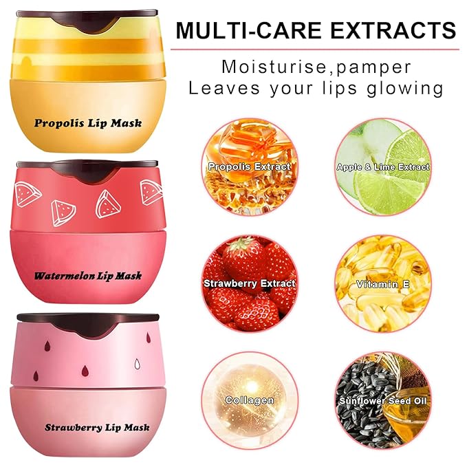 3Pcs Lip Balm Honey Pot with Stick, Honey Strawberry Apple Moisturizing and Hydrating Sleeping Lip Mask, Day and Night Repair and Care, Improve Lip Color, Reduce Lip Lines (SET B)-FemmiqueWomen