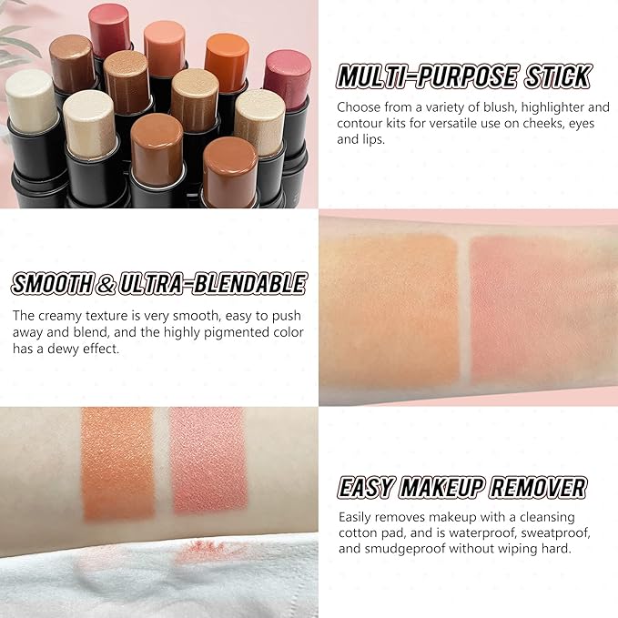 2 Pcs Cream Blush Stick Makeup Kit, Natural Shimmer & Matte Stick Blush Wand for Cheeks, Lightweight Blendable Silky Cream Blush Makeup -Matte Blush (#02 Soft Pink #03 Coral Orange)-FemmiqueWomen