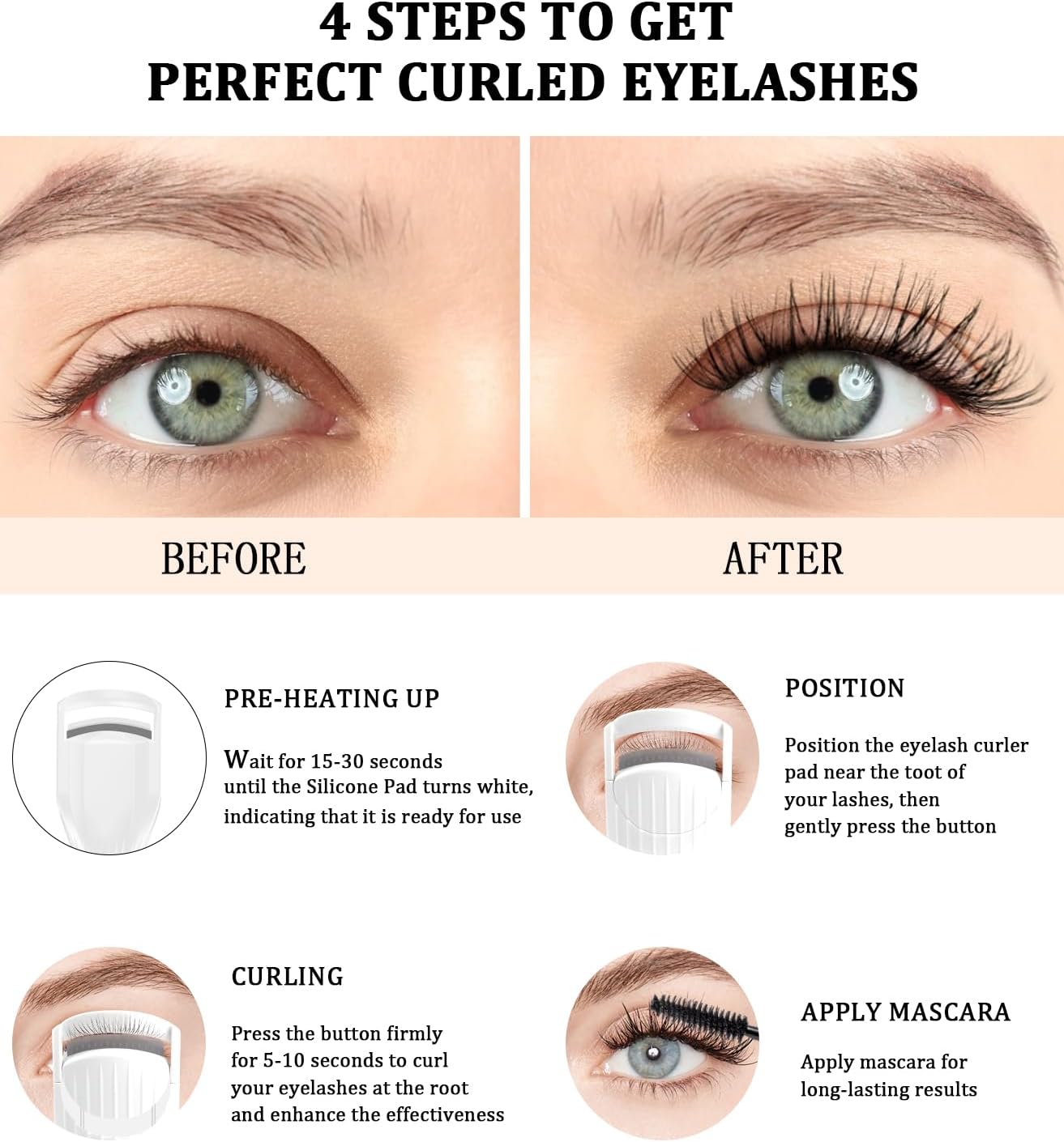 Heated Eyelash Curler Premium PRO - Fast Heat up in 8s - 24 Hours Long Lasting - Rechargeable Electric Eyelash Curler with Type-C, 2 Heat Modes, Anti-Burn Eyelid, Gift for Women Girls, White-AB-FemmiqueWomen