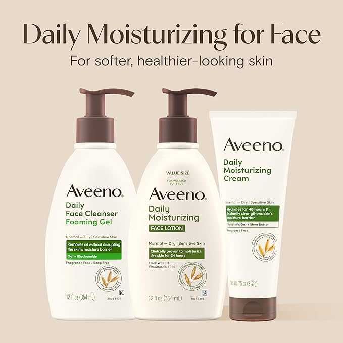 Aveeno Daily Moisturizing Face Lotion with Soothing Prebiotic Oat, Gentle Lotion Nourishes Normal to Dry Skin With Moisture, Sensitive Skin, Fragrance-Free, 12 fl. oz-FemmiqueWomen