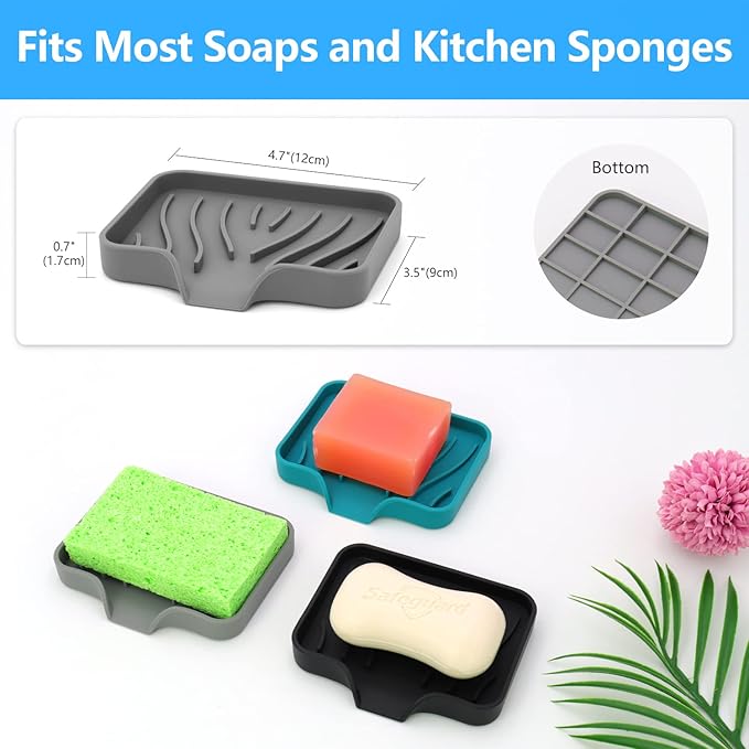 3-Pack Premium Soap Dishes, Easy to Clean Soft Silicone Self Draining Tray/Holder for Shower, Bathroom, Kitchen, Bathtub - Keep Soap Dry, Extend Life-FemmiqueWomen