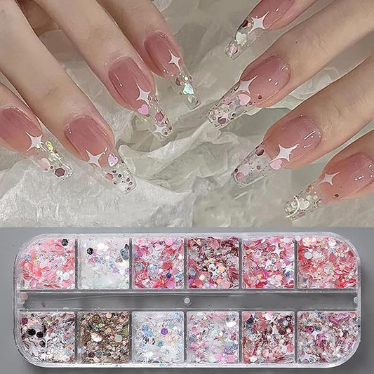 12 Grids Star Nail Art Glitter Sequins Heart Shaped Mermaid Nail Sequins Holographic Mermaid Nail Flakes Sticker Sequin Heart Nail Art Glitter for Women DIY Acrylic Nail Decoration-FemmiqueWomen