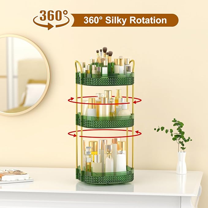 Rotating Makeup Organizer for Vanity 3 Tier, Perfume Organizer with Makeup Brush Holder, Large Capacity Cosmetics Clear Skincare Organizer for Countertop (Green)-FemmiqueWomen