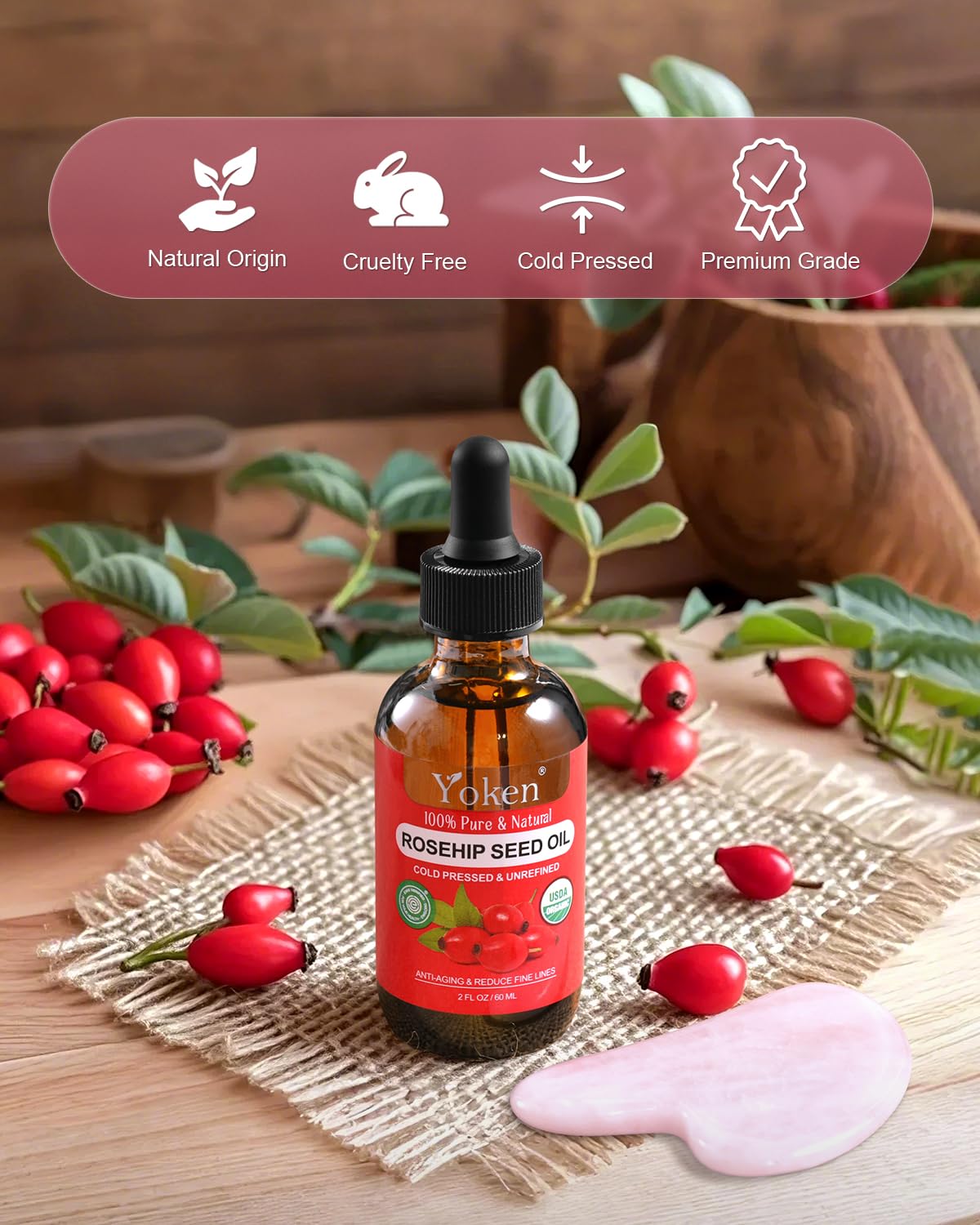 Organic Rosehip Seed Oil for Face,100% USDA Pure Rosehip Oils for Skin,Scars,Hair & Nails.2 fl Oz Cold Pressed Rose HIPS Oils for Skin Care, Anti-Aging, Scar Treatment, GUA SHA Massage Carrier Oil-FemmiqueWomen