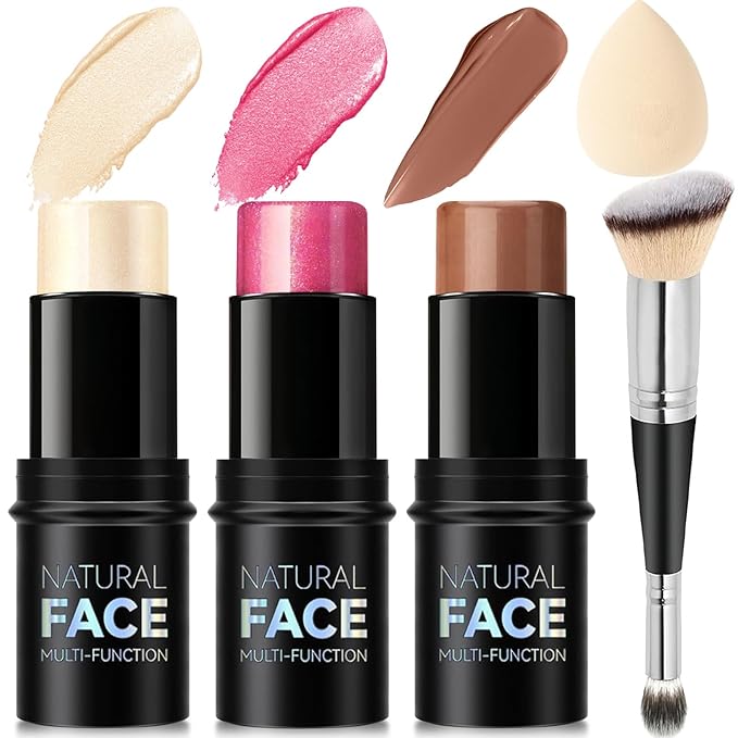 3Pcs Cream Contour Stick Makeup Kit, Shades with Highlighter Stick, Blush Stick and Bronzer Contour Stick for Sculpt the Cheeks, Long Lasting, Waterproof, Matte & Dewy Finish (LIGHT)-FemmiqueWomen