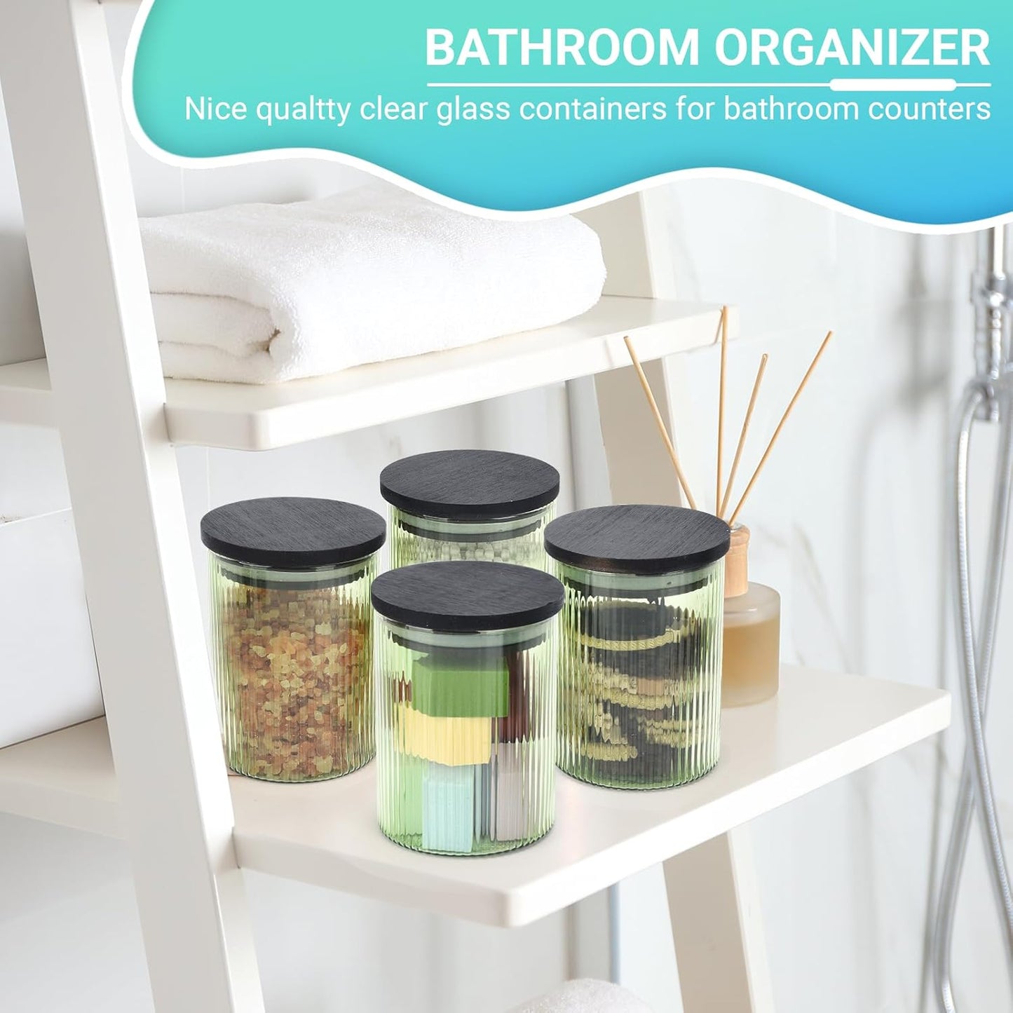 2 Pack Ribbed Glass Qtip Holder Dispenser Set - Apothecary Jars with Lids - Bathroom Canister Storage Organizer and Vanity Makeup Organizer for Cotton Ball,Swab,Round Pads,Floss-FemmiqueWomen