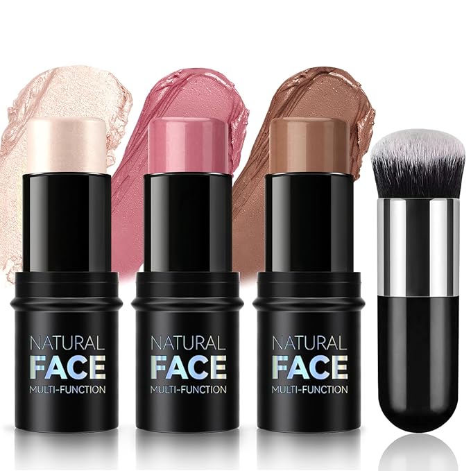 3 Pcs Cream Blush Contour Highlighter Stick for Cheeks Eyes Lips Lightweight Dewy Finish Blush Stick Waterproof Long Lasting Contour Stick Trio Wand Face Makeup Set for Girls and Women (2+5+6)-FemmiqueWomen