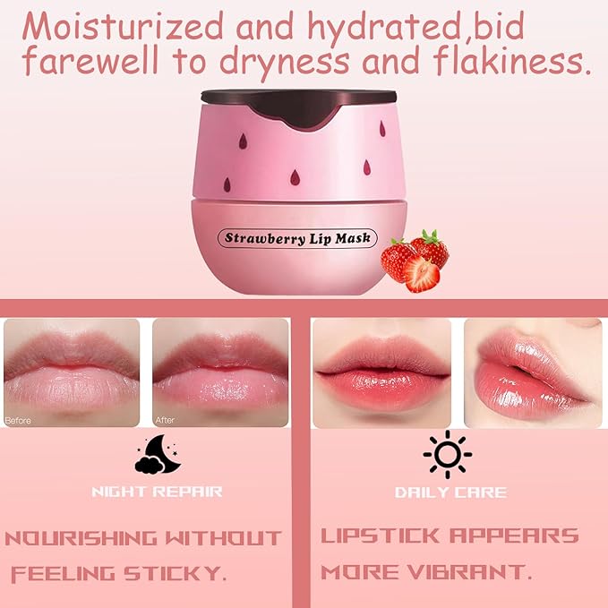 1 PCS Bee Lip Balm Honey Pot, Exfoliating Strawberry Bee Lip Balm Sleeping Lip Mask Overnight with Sticks, Honey Pot Lip Balm Prevention Dry Hydrating and Crack Lip Scrubs-FemmiqueWomen