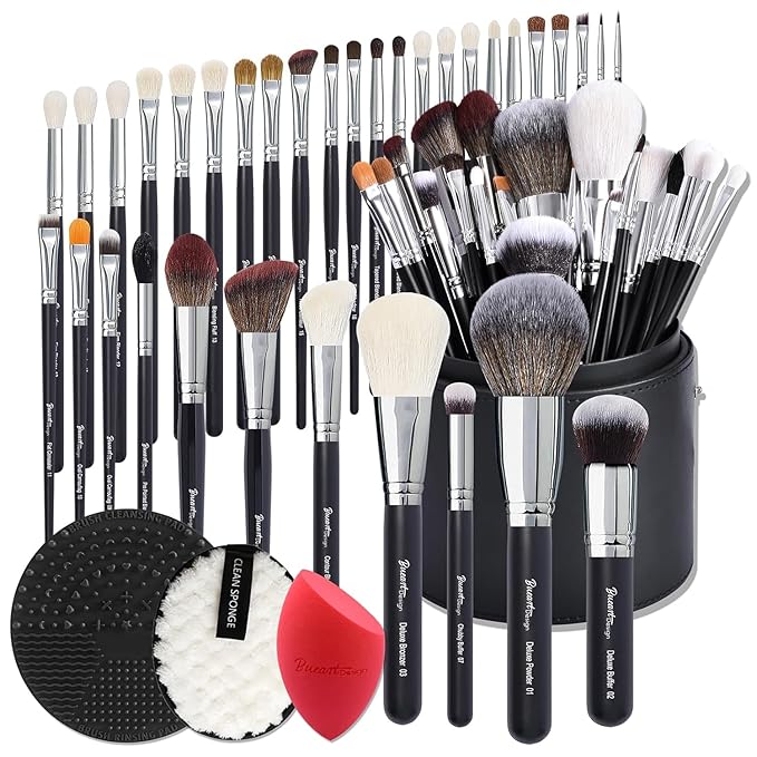 Bueart Design Pro makeup Artist 34Pcs Deluxe Real Goat Hair Horse hair Makeup Brushes Set with extra Large Holder High End Professional labeled makeup brush set with natural Pony Hair-FemmiqueWomen