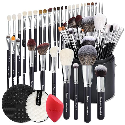 Bueart Design Pro makeup Artist 34Pcs Deluxe Real Goat Hair Horse hair Makeup Brushes Set with extra Large Holder High End Professional labeled makeup brush set with natural Pony Hair-FemmiqueWomen