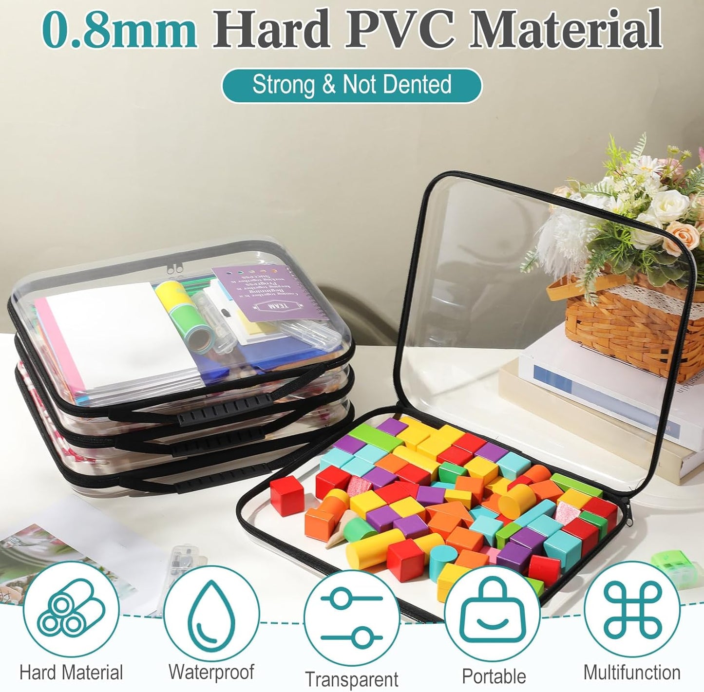 Sanwuta 4 Pcs Clear Hard Zipper Case with Handle Office Storage Cases Hard Plastic Pouches Transparent Bins for Crafts, Pencils, Snacks, Cosmetics, Puzzles(13.8 x 11.8 x 2 Inches,Black)-FemmiqueWomen