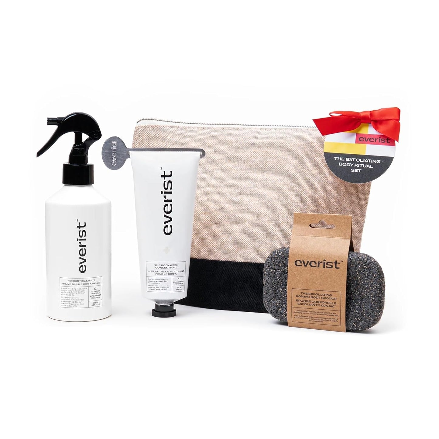 The Exfoliating Body Ritual Set, 3.4 fl. oz Exfoliating Body Wash Concentrate, 6.09 fl. oz Body Oil Spritz & Konjac Sponge in Jute Travel Bag, Cleansing & Hydrating For All Skin Types-FemmiqueWomen