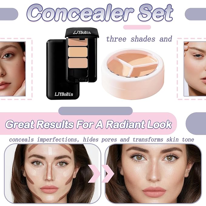 2PCS Tri Color Corrector Face Concealer Palette Set with Brush,Moisturizing Long Lasting Waterproof Color Correcting Concealer Full Coverage Cream Contour Foundation Makeup Palette Kit-FemmiqueWomen