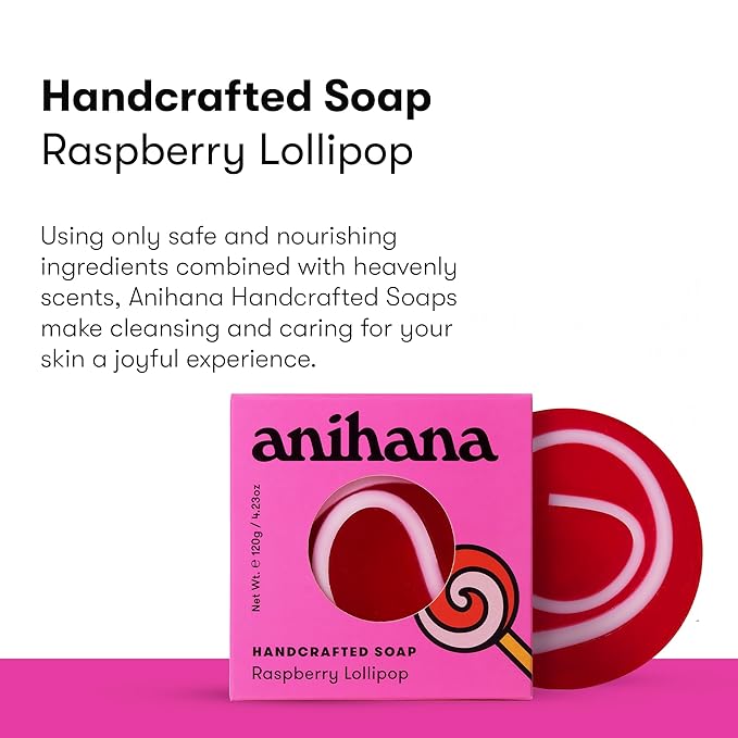 ANIHANA Handcrafted Natural Soap with Coconut Oil, Gentle Cleansing, Paraben Free, Refreshing Raspberry Lollipop Scent, 4.23 oz-FemmiqueWomen