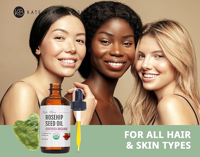 Kate Blanc Cosmetics Rosehip Oil for Face with Jade Gua Sha Stone (1oz, Organic, Pure, Cold Pressed) Rosehip Seed Face Oil for Gua Sha Massage-FemmiqueWomen