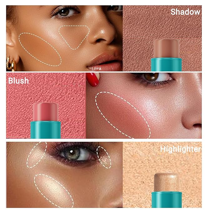 3Pcs Cream Contour Stick, with Highlighter Stick Milk Bronzer Stick Blush Stick, Face Contour Stick with Makeup Brush and Sponge, Easy to Sculpt the Face, Long Lasting, Waterproof-FemmiqueWomen