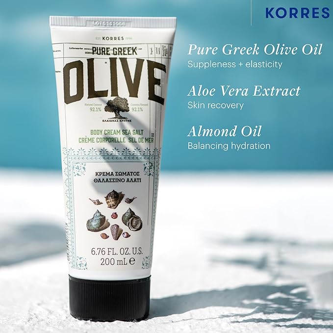 KORRES Olive Body Lotion for Dry Skin, Moisturizer Cream with Vitamin E, Aloe and Pure Greek Olive Oil for Body Care, Hydrating and Nourishing for Smooth, Supple Skin, Sea Salt Scented, 6.76 fl oz-FemmiqueWomen