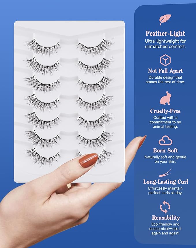 Cat eye Lashes Natural Wispy Lash Strip Natural Look Flared Eyelashes Fairy False Eye Lashes Fluffy False Eyelashes Soft 7 Pairs D97-FemmiqueWomen