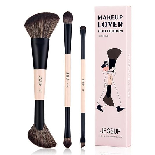 Jessup Travel Makeup Brushes Set 3pcs, Double Sided Contour Brush Dual Ended Eye Shadow Shader Eyeliner Brush, Multi-functional Makeup Set Peach Dust T507-FemmiqueWomen