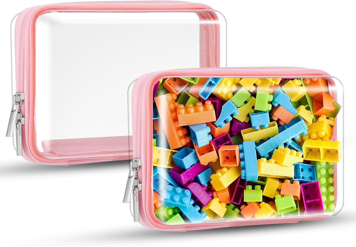 2 Pcs Clear Hard Zipper Case, Hard PC Plastic Cosmetic Travel Bag, Portable Travel Organizer Bins, Durable Makeup Bags for Toy Storage, Pencil Case(Pink Zipper)-FemmiqueWomen