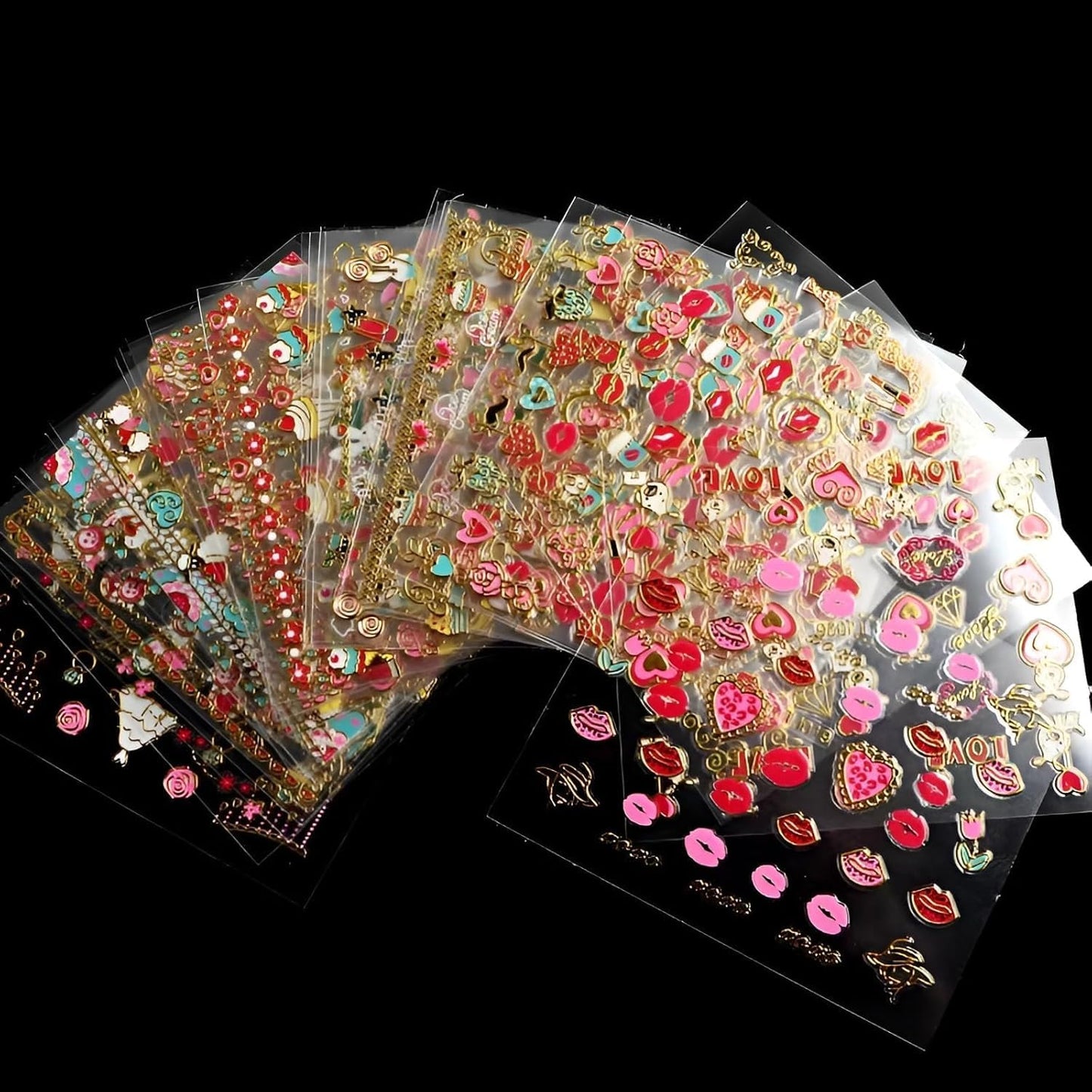 30 Sheets Valentine Nail Stickers: 3D Self-Adhesive Red Heart Designs, Rose Lip Bow, Valentine Decals & Supplies-FemmiqueWomen