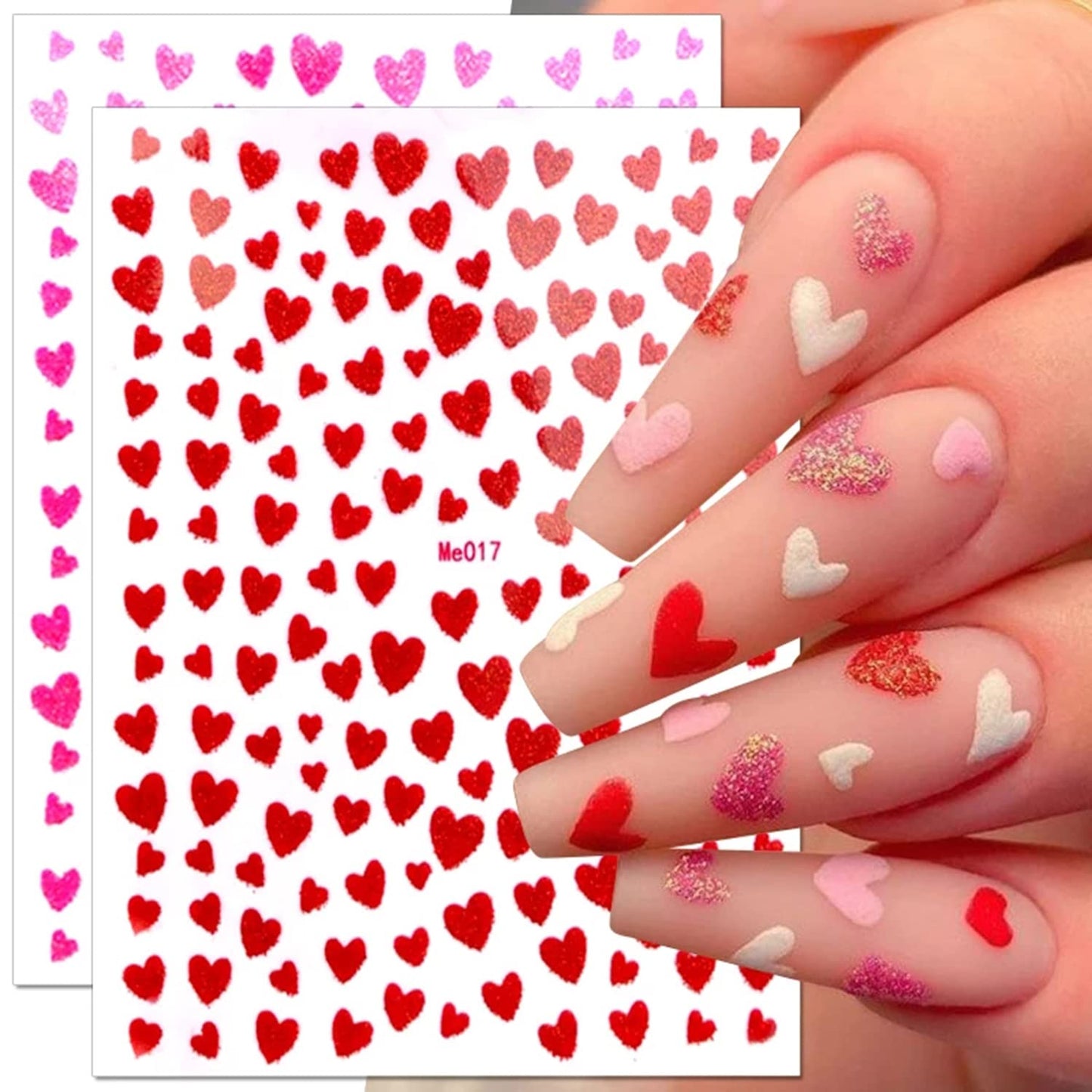 10 Sheets Heart Nail Stickers - 3D Self-Adhesive Valentine's Day Nail Art Stickers - Shiny Love Heart Nail Decals - Gold, Silver, Black-FemmiqueWomen