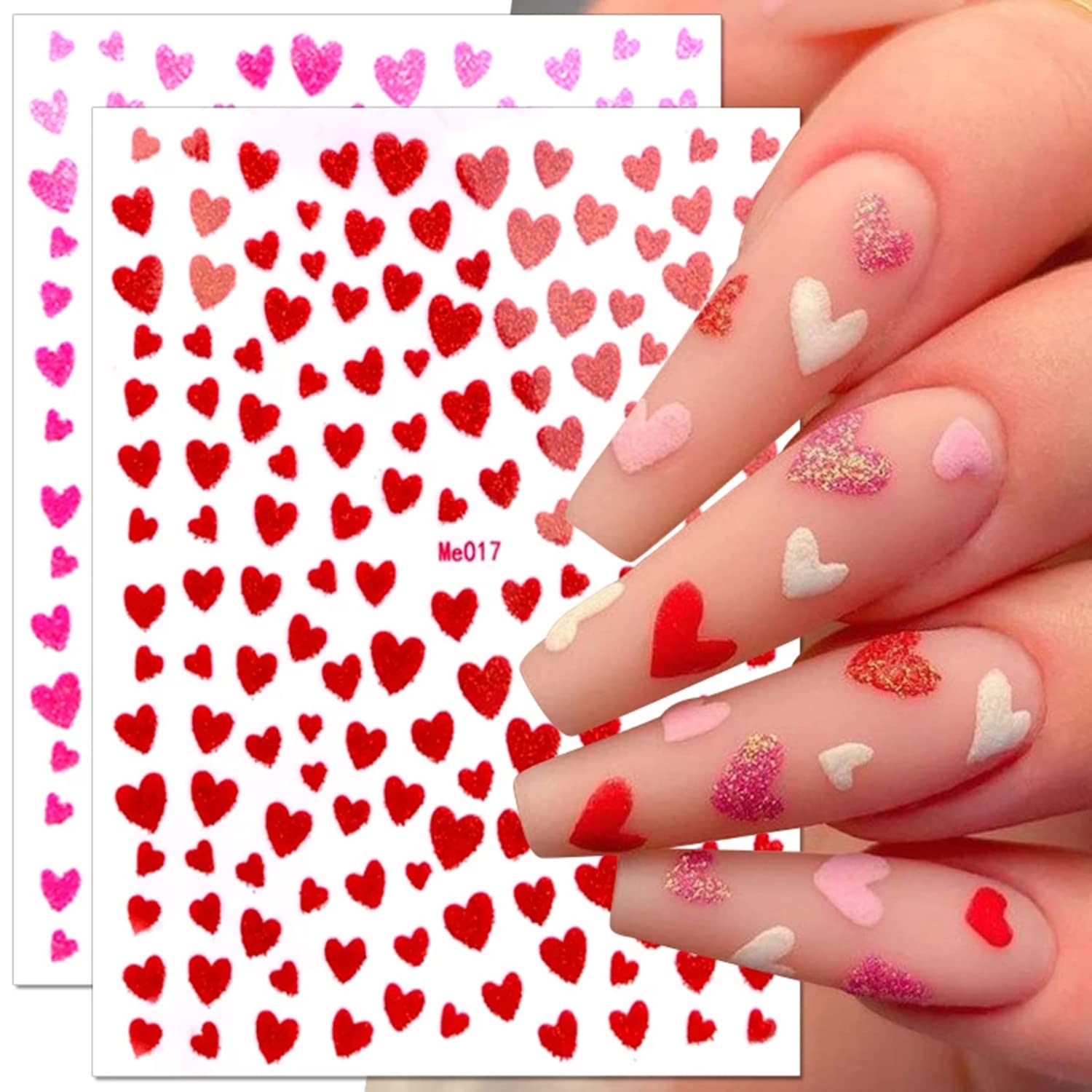 10 Sheets Heart Nail Stickers - 3D Self-Adhesive Valentine's Day Nail Art Stickers - Shiny Love Heart Nail Decals - Gold, Silver, Black-FemmiqueWomen