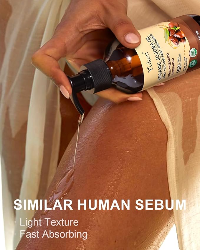 Yoken Organic Jojoba Oil Glass Bottle 8 fl oz, USDA Certified 100% Pure & Natural Jojoba Oil for Hair, Skin & Face, Cold Pressed Unrefined Hexane Free, Deeply Moisturizing Body Serum Oils for Gua Sha-FemmiqueWomen