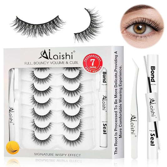 Wispy False Eyelashes Kit With Bond, Seal and Tweezer, 7 Pairs Natural Look Fake Cat Eye Lashes Strips Thin Band Extensions Waterproof Easy Eyelashes for Beginners RQ01-FemmiqueWomen