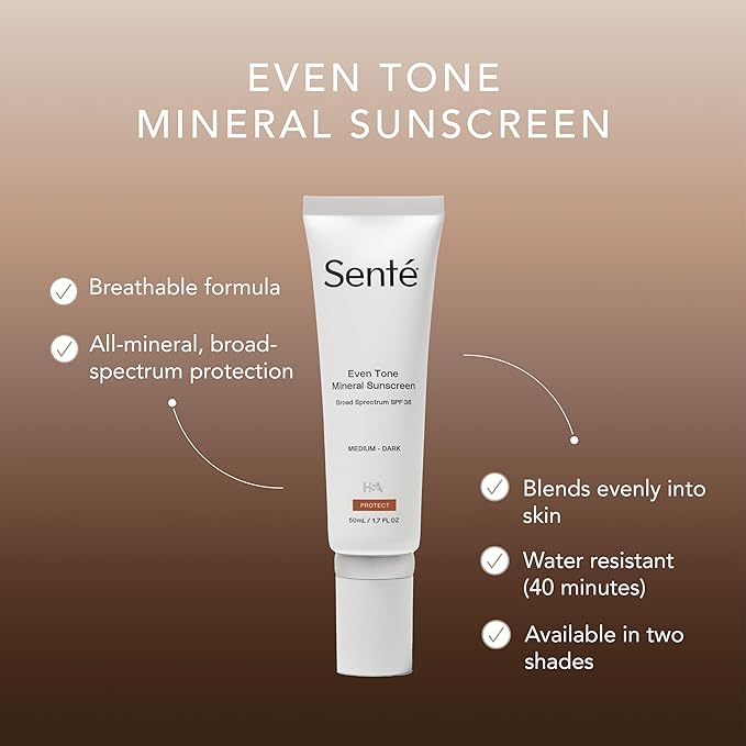 Senté Even Tone Mineral Sunscreen Tinted | SPF 36 Medium-Dark | Hydrating, Lightweight Sun Protection Treatment for Redness & Discoloration | UVA/UVB & Blue Light Defense | 1.7 oz-FemmiqueWomen