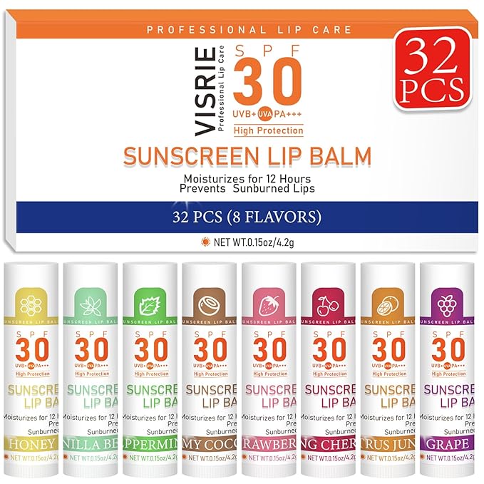 SPF 30 Lip Balm with Sunscreen, SPF Lip Balm Bulk Travel Size-32 Pack, Hydrating Lip Balm Pack with Vitamin E and Coconut Oil- 8 Flavors-FemmiqueWomen