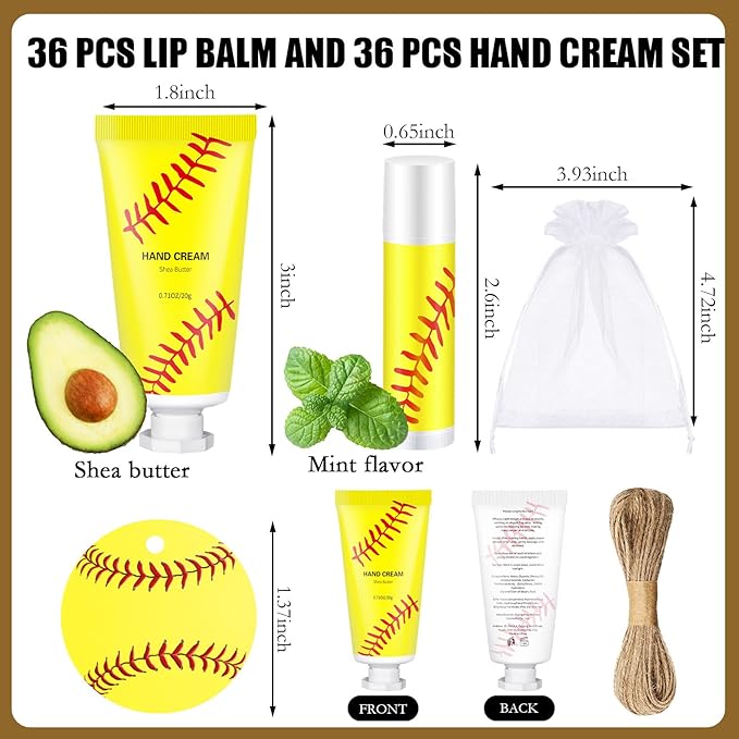 144 Pcs Softball Lip Balm Hand Cream Set Softball Accessories Softball Party Favors Including 36 Softball Lip Balm 36 Moisturizing Hand Cream 36 Bags 36 Softball Cards and Ropes for Kids Gifts-FemmiqueWomen