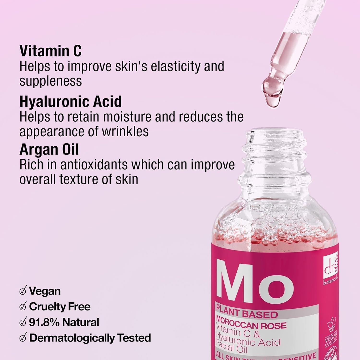 Dr Botanicals Moroccan Rose Oil -With Vitamin C & Hyaluronic Acid – Anti-Ageing, Brightening & Hydrating Water-Based Serum - Glow-Boosting Facial Oil for Radiant Skin – Made in UK – 30ml-FemmiqueWomen