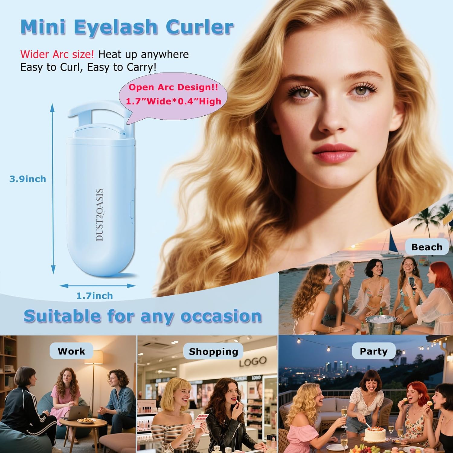 Heated Eyelash Curler - Wide Open Dual-Arc Design Heated Lash Curler - Electric Eyelash Curler - Type-C Rechargeable Mini Lash Curler Natural Curling 24H Long Lasting for Women - Blue-FemmiqueWomen