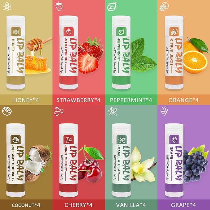32 Pack Lip Balm, Natural Lip Balm Bulk with Vitamin E and Coconut Oil, Moisturizing Lip Balm for Stocking Stuffers - 8 Flavors-FemmiqueWomen