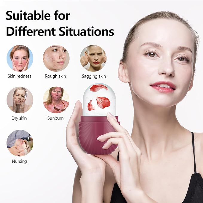 2pcs Ice Roller for Face and Eye, Silicone Ice Facial Roller Ice Holder, Face Ice Mold Skin Care, Face Icers Reusable Ice Cube Roller for Shrink Pores Anti Wrinkle Reduce Puffiness, Pink Rose-FemmiqueWomen