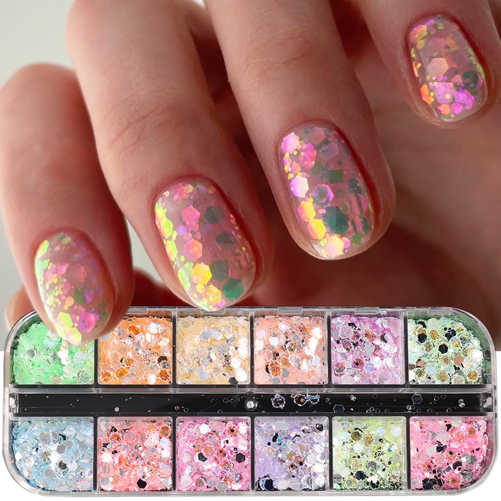 12 Grids Colorful Mermaid Nail Sequin Holographic Nail Art Glitter,Iridescent Nail Art Flake Glitter Decals Glass Paper Design Nail Accessories Acrylic Nails for Women Make Up DIY Nail Decoration-FemmiqueWomen