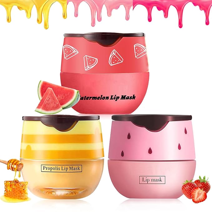 3PCS Bee Lip Balm Honey Pot,Honey Strawberry Watermelon Lip Mask Overnight Moisturizing Lip Balm,Hydrating Prevention Dry & Cracked Nourishing Sleeping Lip Mask (Honey+Strawberry+Watermelon)-FemmiqueWomen