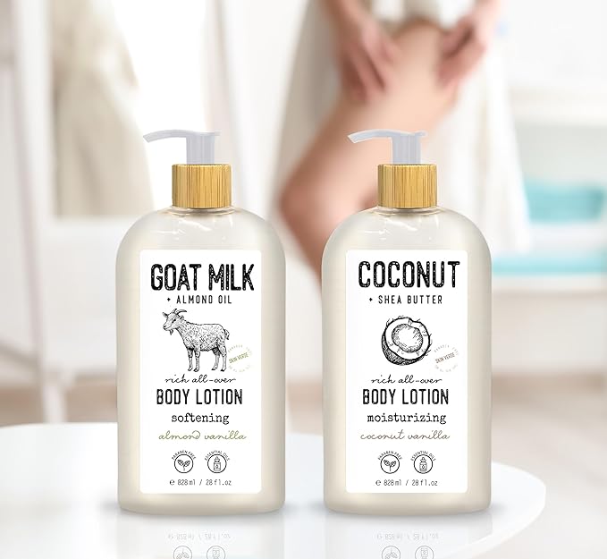 Skin Verse Body Lotion, Goat Milk, Almond Oil Body Lotion, Softening, Almond Vanilla, Coconut, Shea Butter Body Lotion, Moisturizing, Coconut Vanilla, 28 fl. oz. | Home and Body Co-FemmiqueWomen