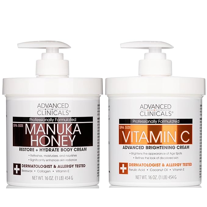 Advanced Clinicals Vitamin C Brightening Cream + Manuka Honey Body Lotion & Face Moisturizer 2pc Skincare Set For Women & Men | Body Butter Creams Help Reduce Appearance Of Dark Spots & Dry Skin, 2pc-FemmiqueWomen