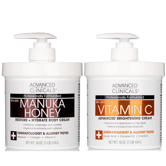 Advanced Clinicals Vitamin C Brightening Cream + Manuka Honey Body Lotion & Face Moisturizer 2pc Skincare Set For Women & Men | Body Butter Creams Help Reduce Appearance Of Dark Spots & Dry Skin, 2pc-FemmiqueWomen