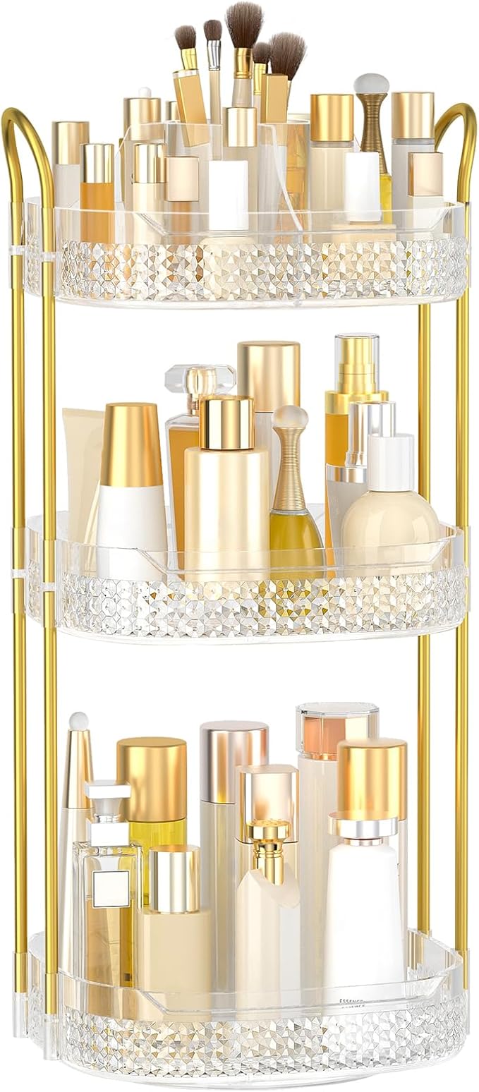 Rotating Makeup Organizer for Vanity 3 Tier, Perfume Organizer with Makeup Brush Holder, Large Capacity Cosmetics Clear Skincare Organizer for Countertop (Transparent)-FemmiqueWomen